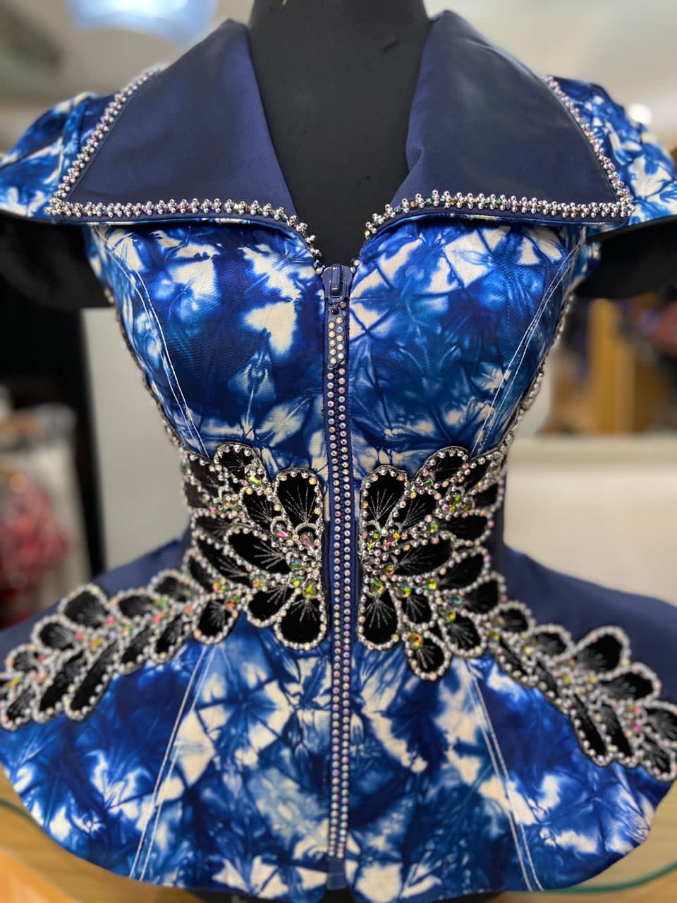 Adire peplum top with suede EMB and beaded collar